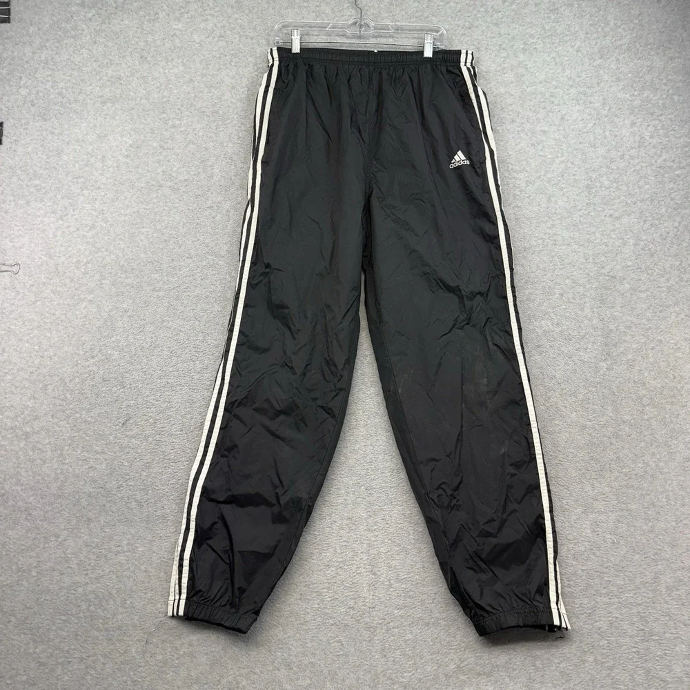 VTG 90s Adidas Mens Sz L Track‎ Pants Black White 3 Stripe Hip Hop Y2K Baggy